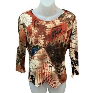 Caia Blouse Pullover Round Neck Brown Orange Blue Metallic Thread Women Medium